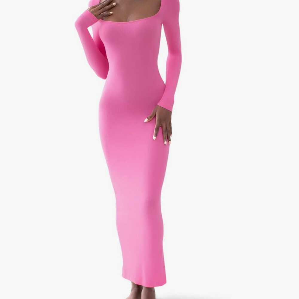 Square Neck Long Sleeve Maxi Ribbed Bodycon Dresse